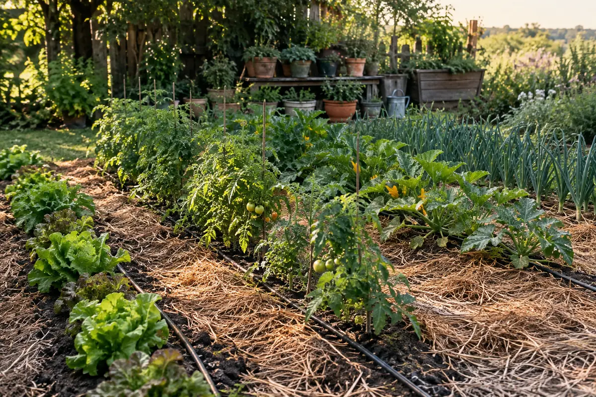 Potager paillé et tuyau microporeux installé au pied des légumes avant une absence estivale