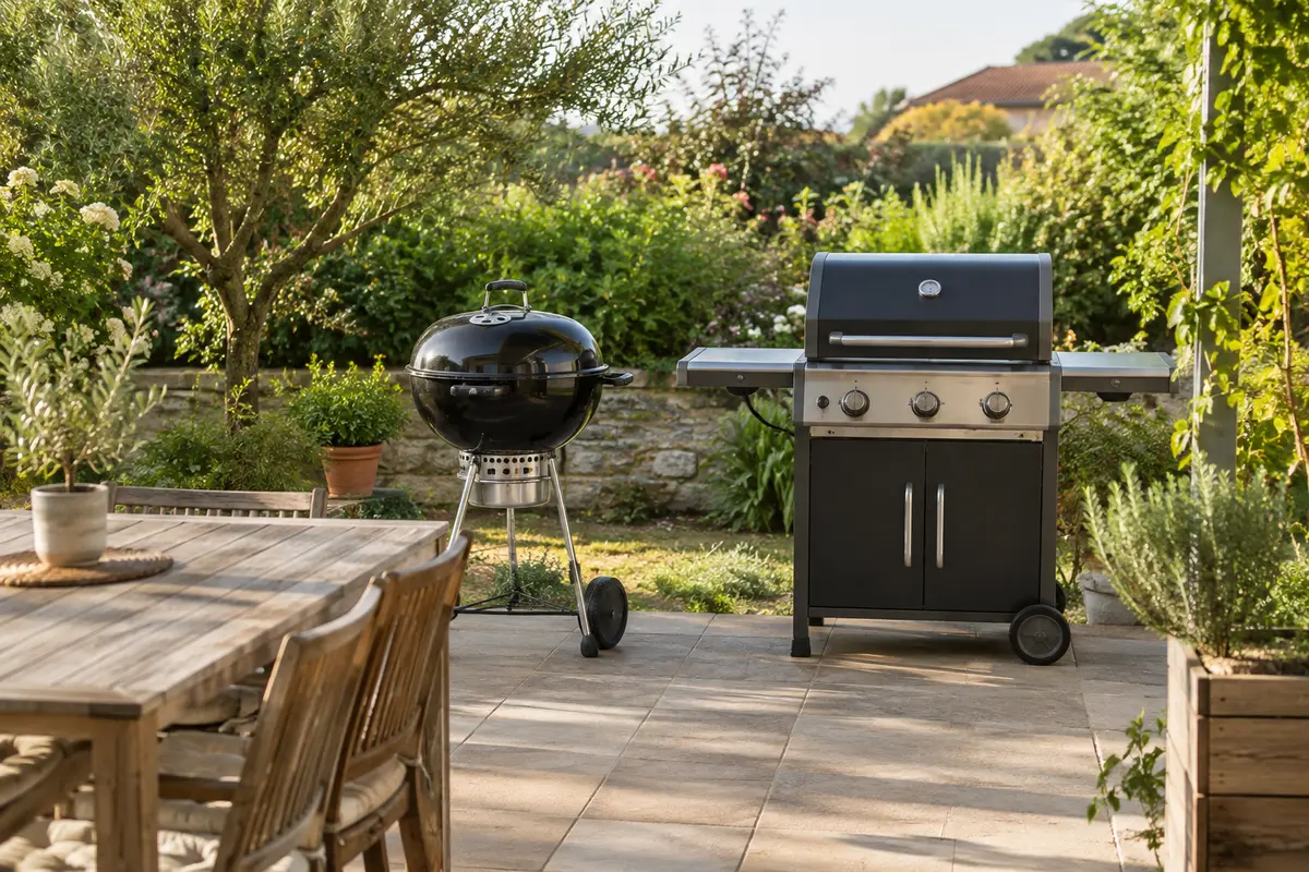 Barbecues au charbon et au gaz côte à côte sur une terrasse familiale dégagée