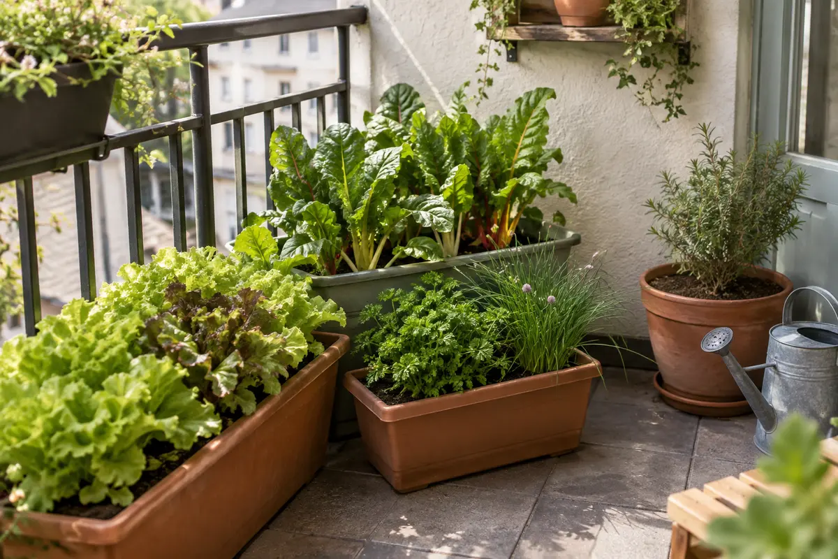 Jardinières de laitues et d’aromatiques installées sur un petit balcon à l’ombre partielle