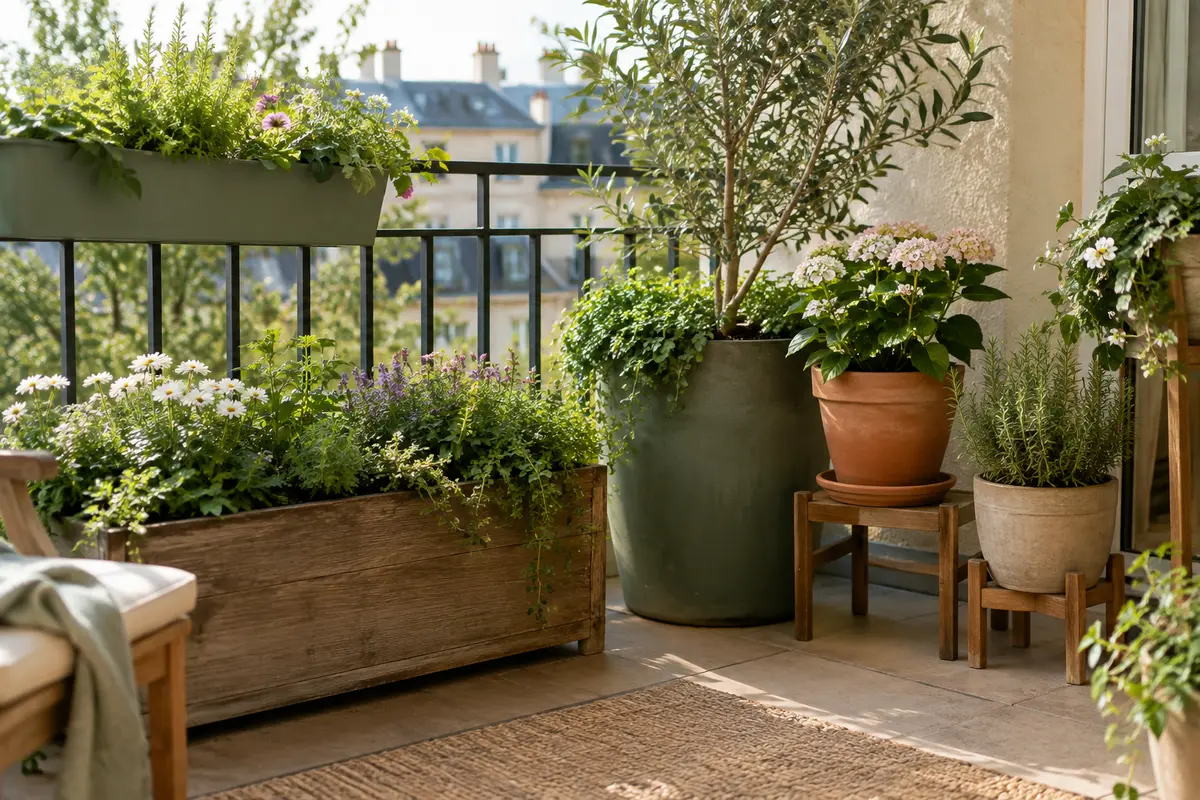 Pots et jardinières de profondeurs variées disposés sur un balcon avec des soucoupes et des plantes