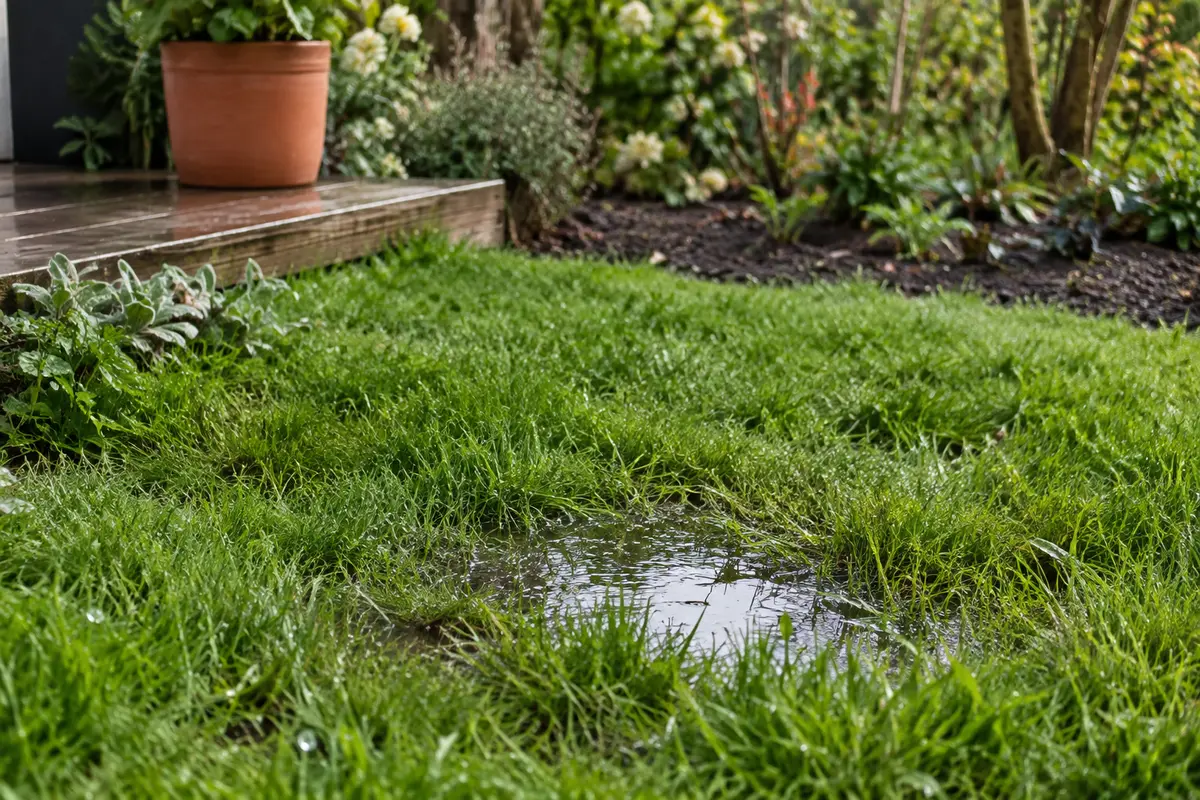 Petite flaque d’eau dans une pelouse humide après la pluie, près d’une bordure de terrasse.