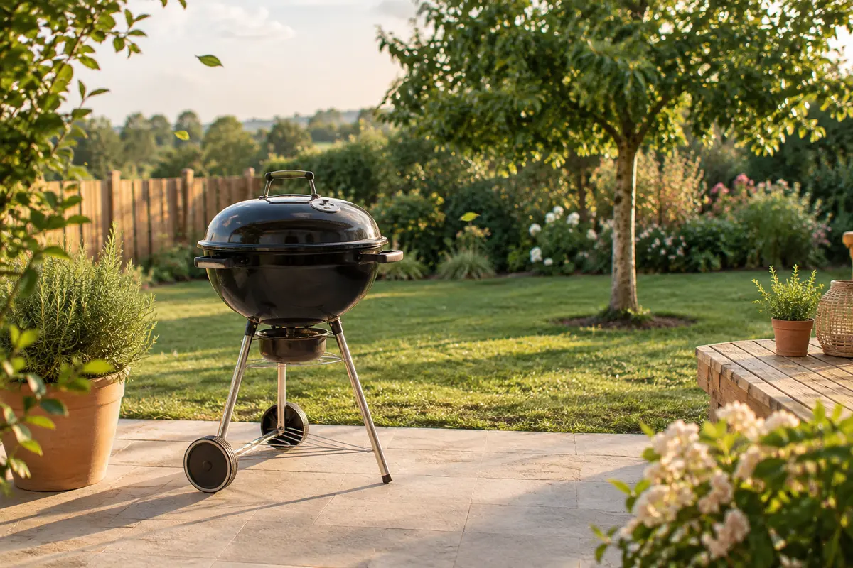 Barbecue installé dans une zone dégagée du jardin, loin de la clôture et des passages.