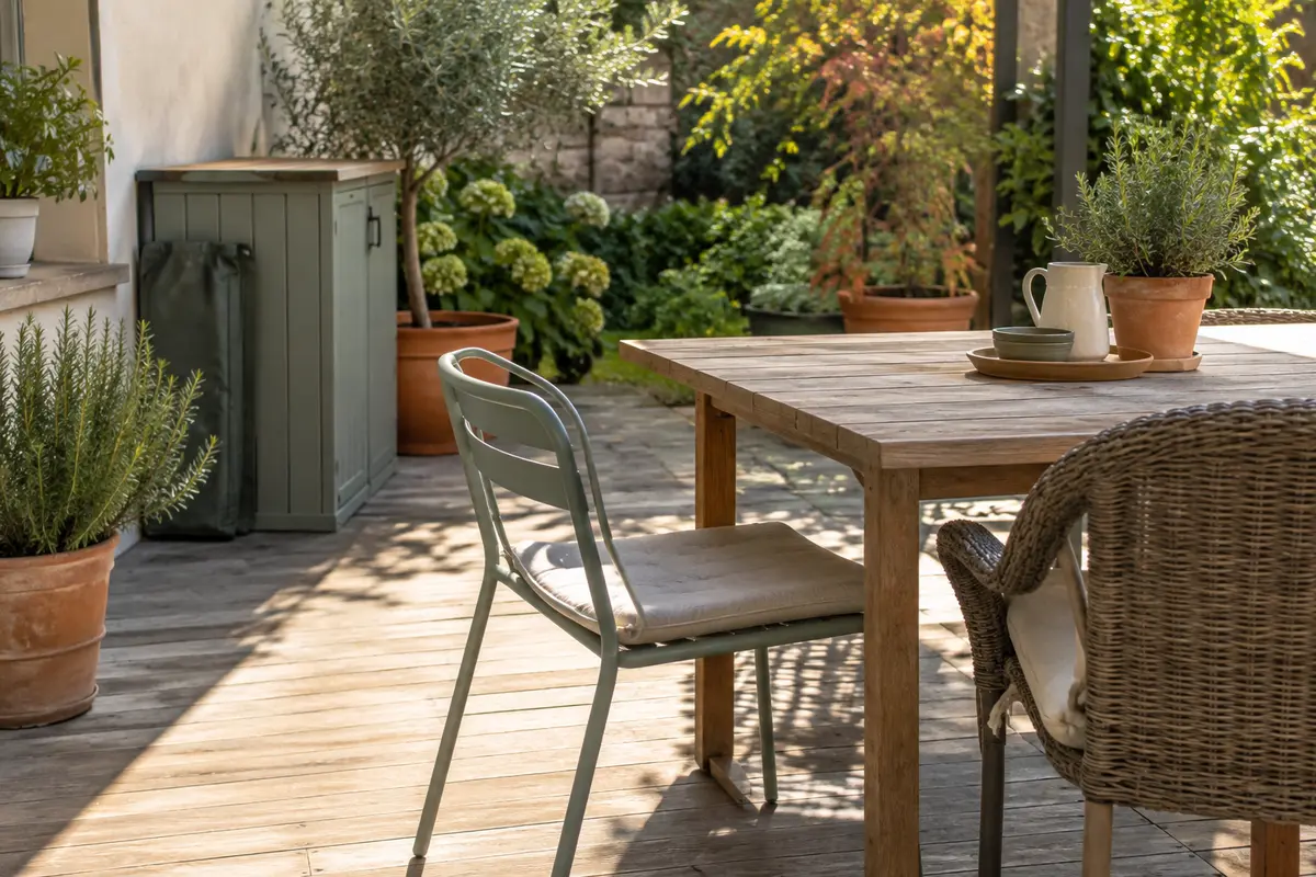 Mobilier de jardin en aluminium, résine et bois installé sur une terrasse en partie ensoleillée.