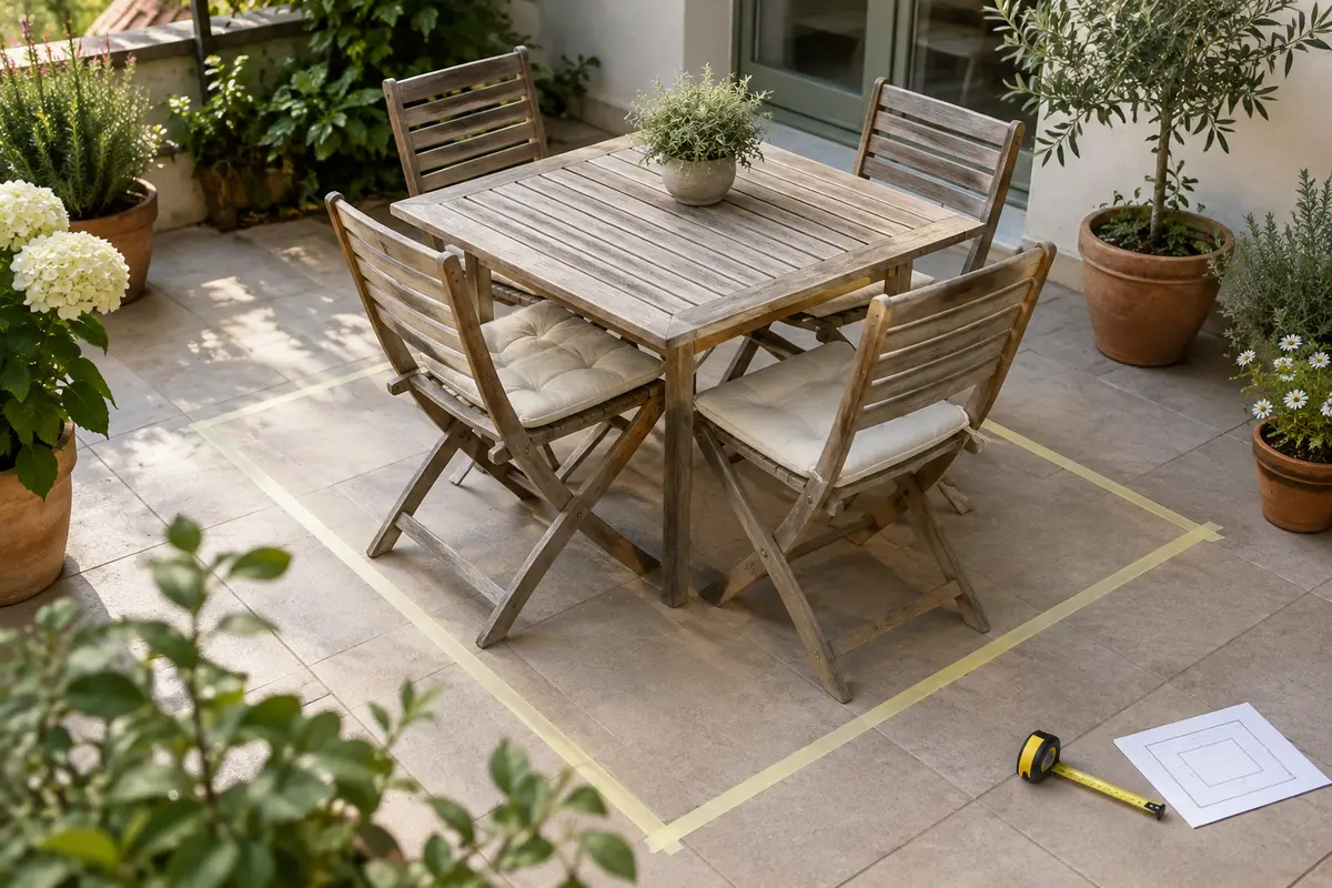 Plan au sol d’une terrasse avec table, chaises et passage dégagé matérialisés au ruban