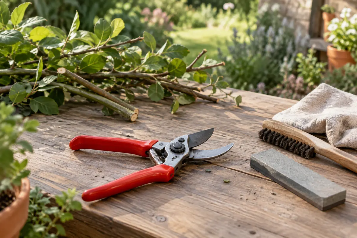Sécateur propre et pierre d’affûtage posés sur un établi après une séance de taille au jardin