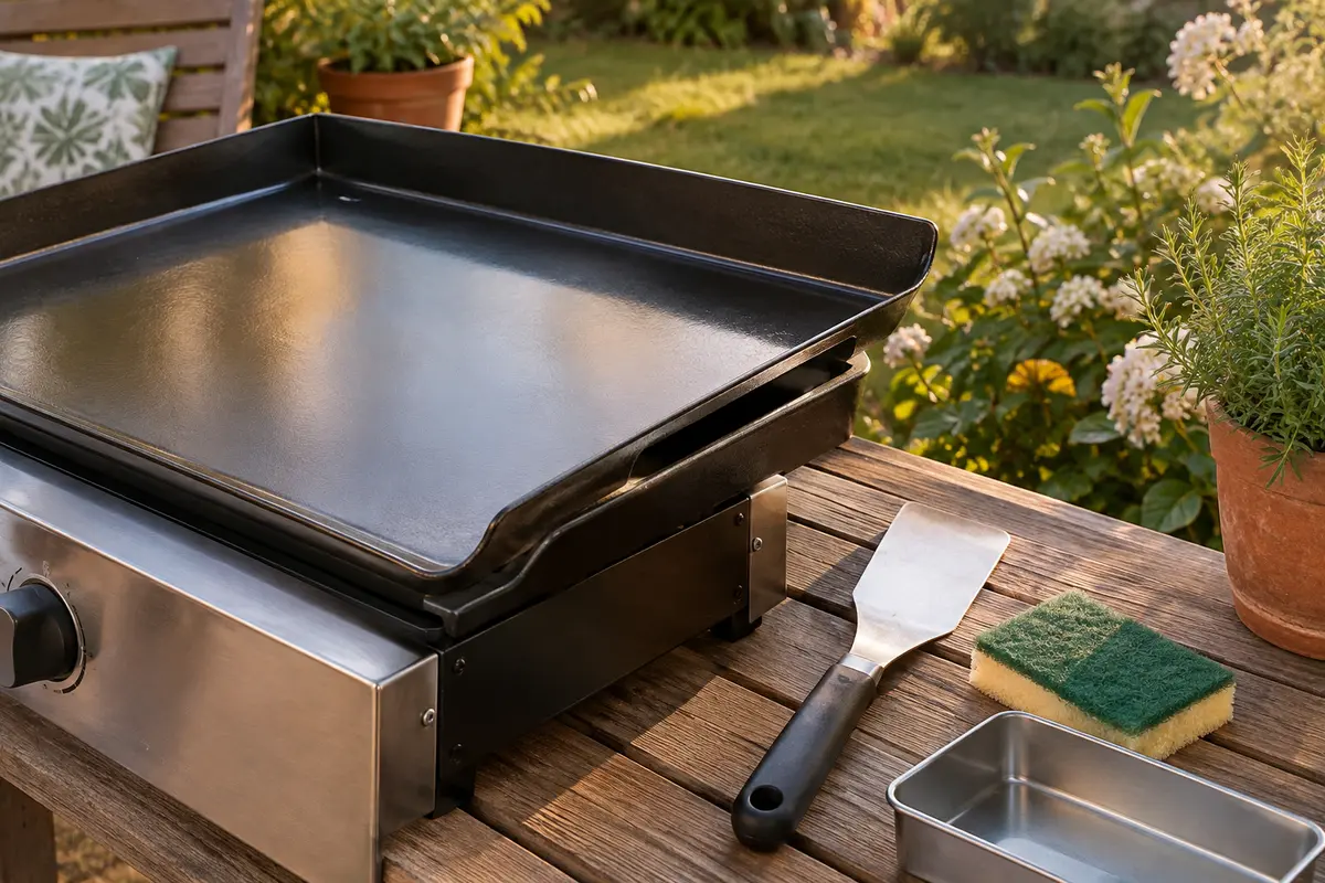 Plancha extérieure propre avec sa spatule et son bac récupérateur de graisse sur une terrasse