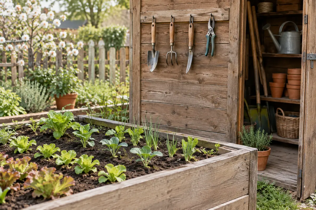 Outils manuels rangés dans un petit abri près d’un carré potager planté.