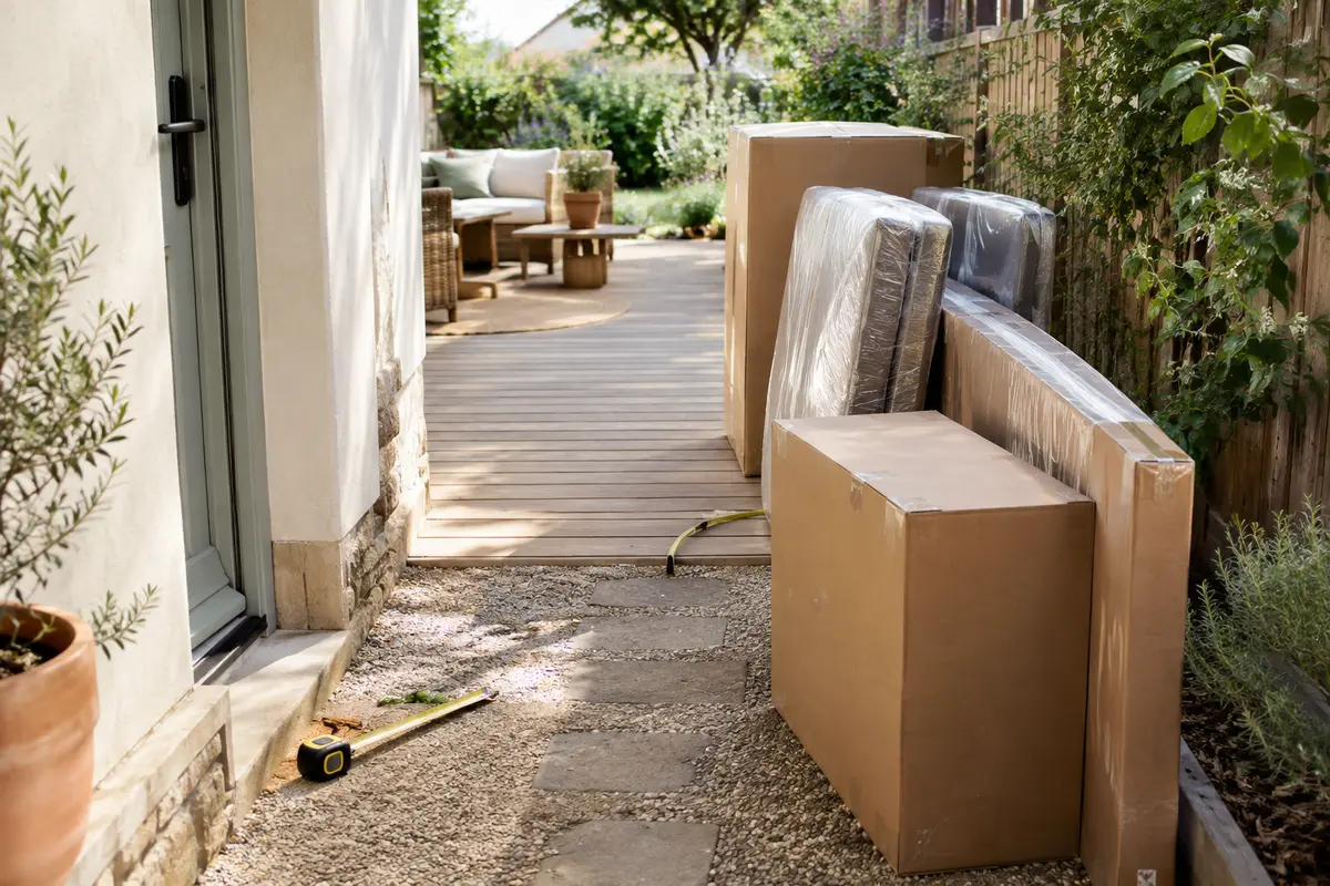 Colis de mobilier de jardin près d’un passage étroit, avec un mètre ruban et une zone de déballage dégagée