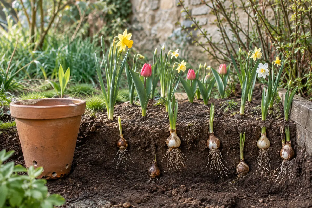 Bulbes de tulipes et de narcisses à différentes profondeurs dans un pot drainé et une plate-bande.