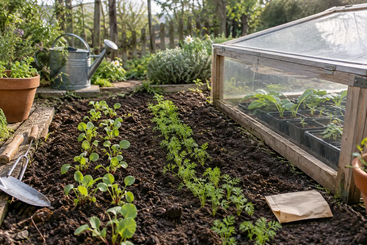 Jeunes semis de légumes en pleine terre et godets protégés sous un petit châssis au printemps
