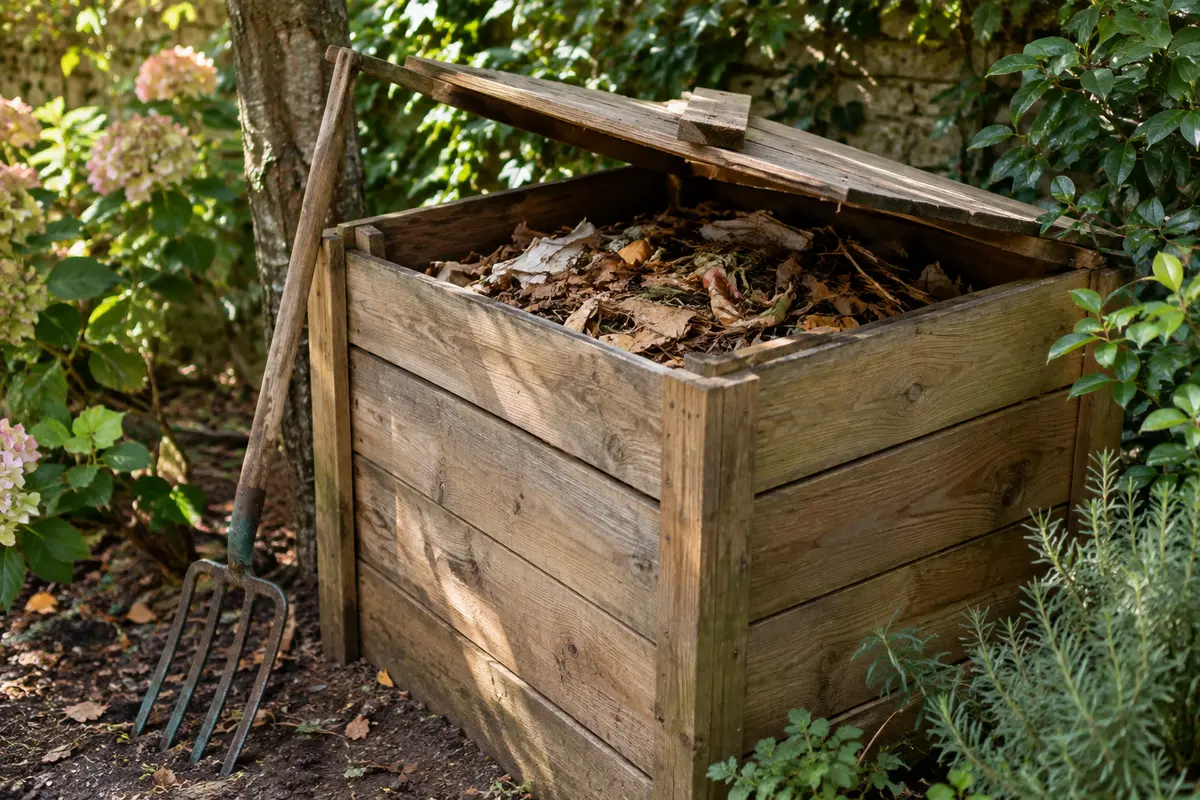 Composteur de jardin contenant des épluchures couvertes de feuilles sèches et de carton brun déchiqueté.