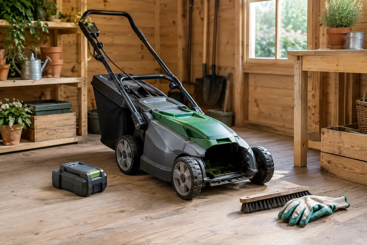 Tondeuse électrique immobilisée après l’hiver, batterie retirée et matériel prêt pour le contrôle du carter
