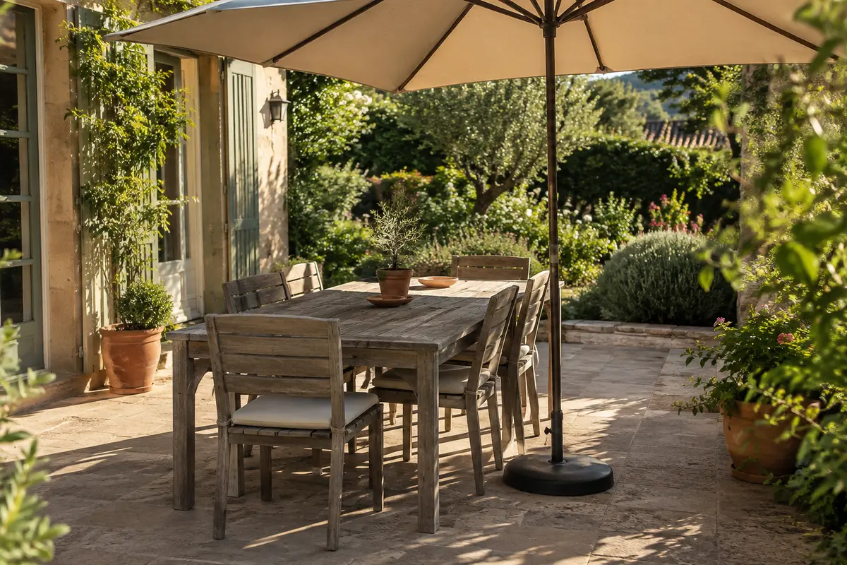 Parasol ouvert au-dessus d’une table de terrasse, avec une ombre de fin d’après-midi couvrant les chaises.