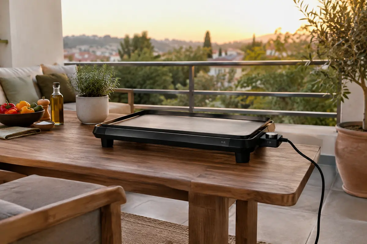Plancha électrique installée sur un balcon ouvert, sur un support stable et à distance des objets inflammables.
