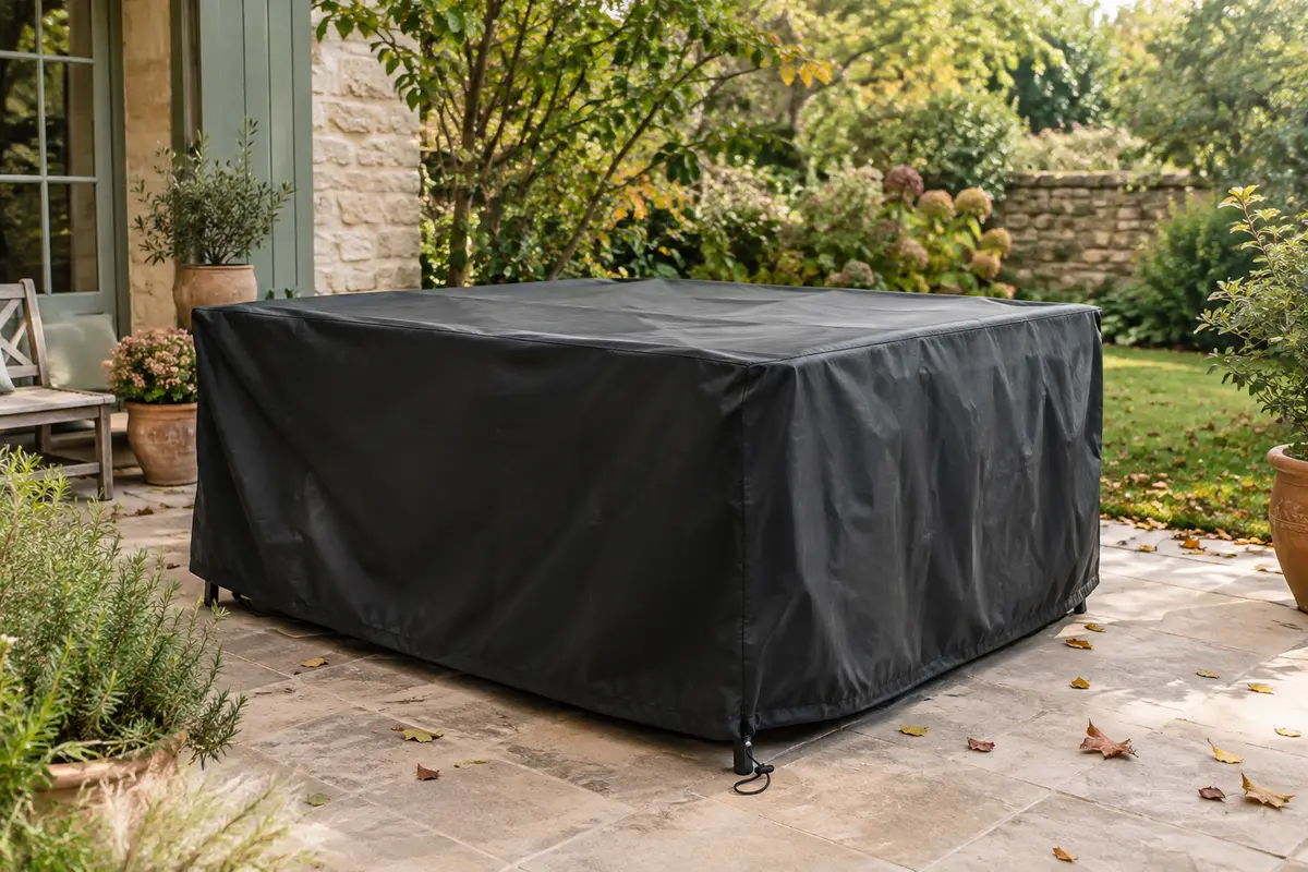Housse noire Aipwerer couvrant un mobilier de jardin sur une terrasse au milieu du feuillage