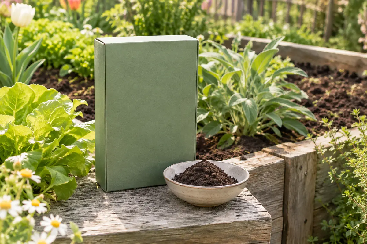 Étui vert d’engrais en poudre posé près d’un carré potager et d’une coupelle de poudre sombre.