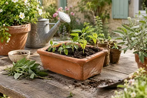 Terreau sombre et aéré dans un bac de culture, près de jeunes plants et de boutures au jardin.