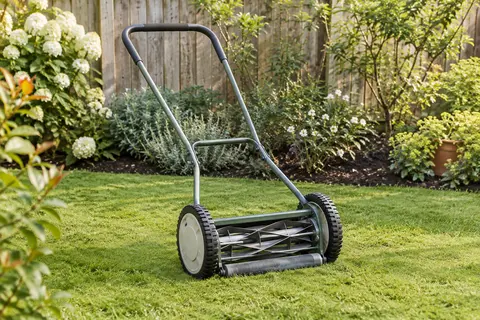 Tondeuse manuelle à quatre lames et roues en polymère posée sur une pelouse de jardin