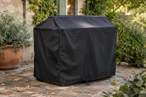 Housse de barbecue noire avec cordon inférieur, posée sur un appareil dans un jardin d’automne