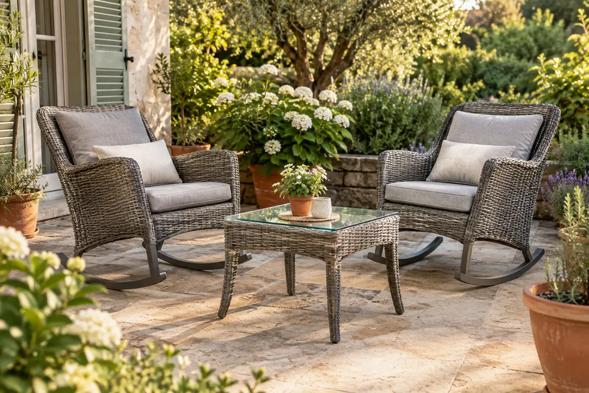 Ensemble de jardin gris avec deux fauteuils à bascule en polyrotin et une table basse en verre