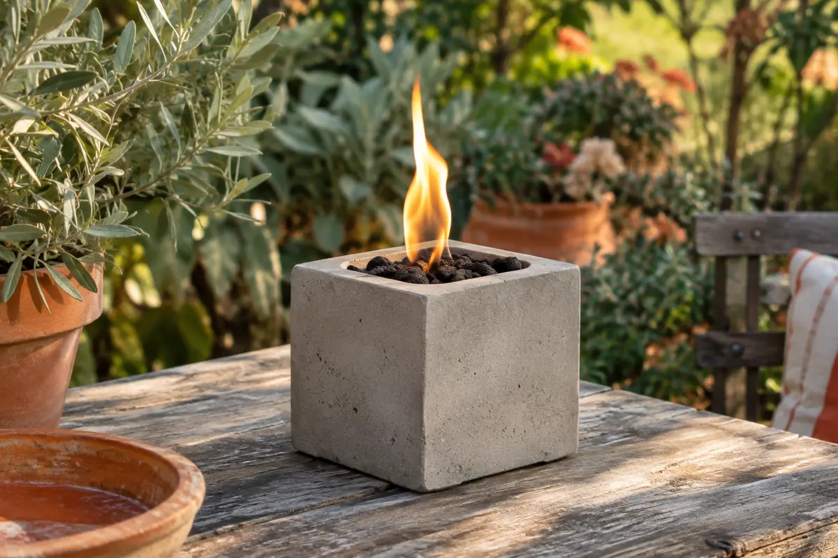 Brasero de table cubique en béton gris clair avec une flamme, posé sur une table en bois au jardin.
