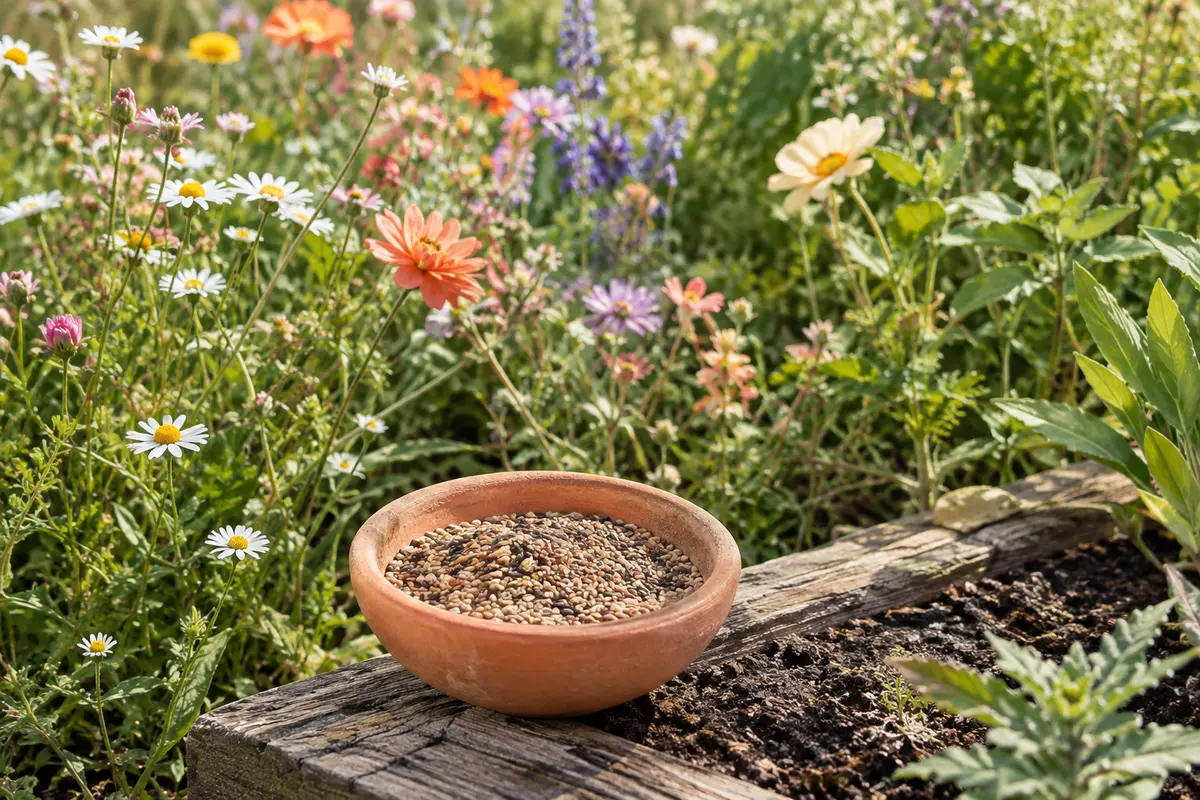 Graines de fleurs multicolores devant une prairie fleurie ensoleillée dans un jardin