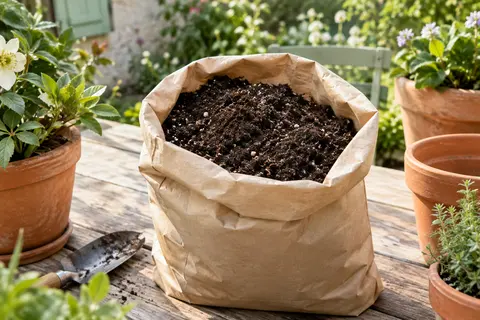 Terreau sombre avec grains de perlite dans un sac neutre posé sur une table de rempotage au jardin.