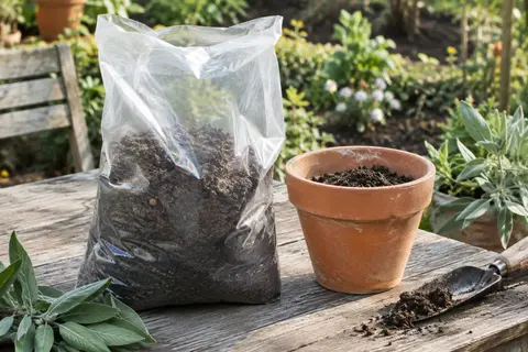 Sac translucide de terreau léger sombre posé près d’un pot en terre cuite dans un jardin.