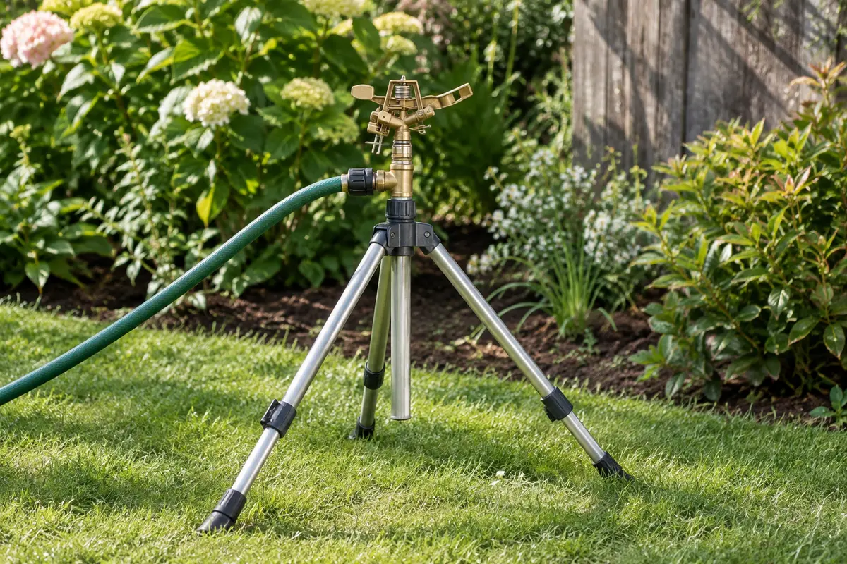 Arroseur à impact Biswing avec tête en laiton et trépied métallique réglable dans un jardin
