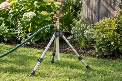 Arroseur à impact Biswing avec tête en laiton et trépied métallique réglable dans un jardin