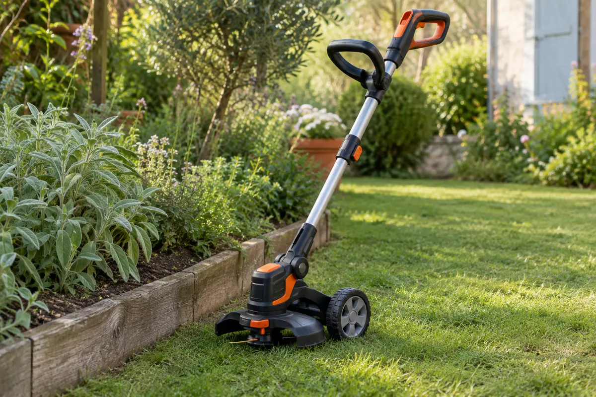 Coupe-bordures sans fil noir et orange monté sur son socle à roues dans un jardin verdoyant
