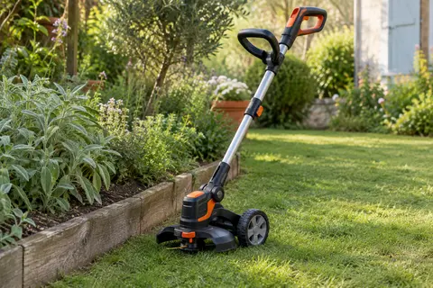 Coupe-bordures sans fil noir et orange monté sur son socle à roues dans un jardin verdoyant