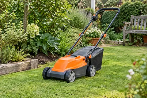 Tondeuse électrique orange de 32 cm posée sur une pelouse dans un jardin français.