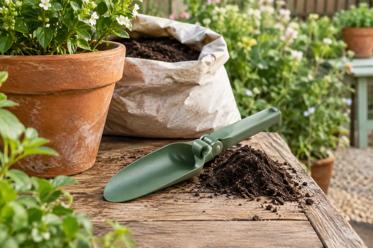 Transplantoir pliable vert en plastique posé près d’un pot en terre cuite et de terre au jardin