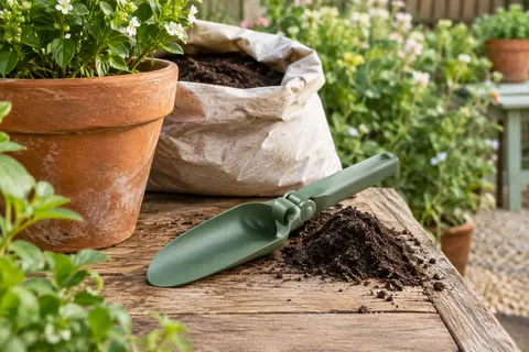 Transplantoir pliable vert en plastique posé près d’un pot en terre cuite et de terre au jardin
