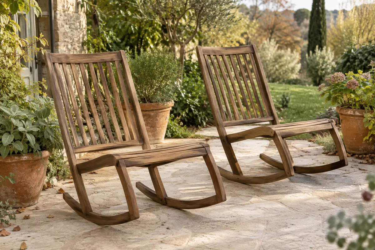 Deux chaises longues pliables en bois brun à bascule installées sur une terrasse de jardin