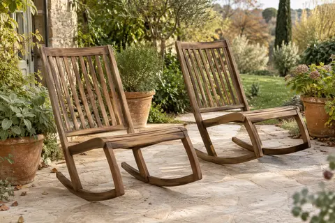Deux chaises longues pliables en bois brun à bascule installées sur une terrasse de jardin