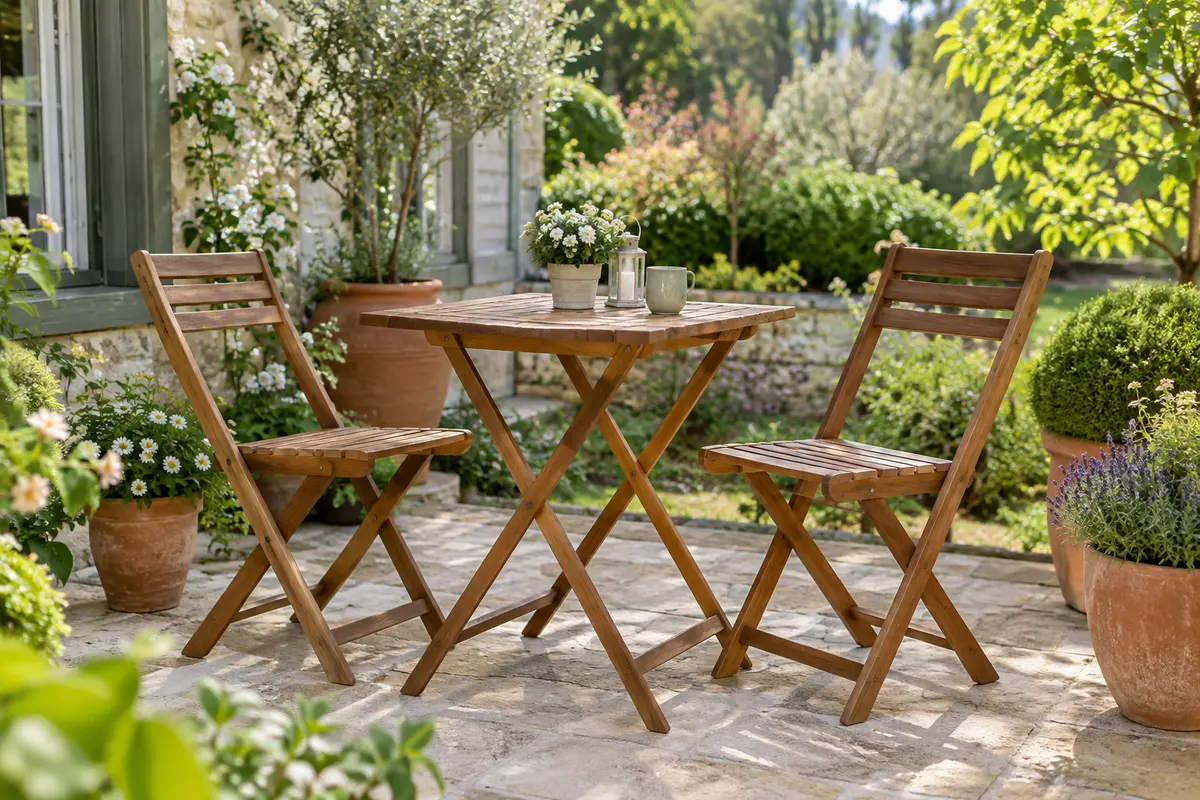 Table pliante et deux chaises en acacia brun installées dans un jardin lumineux.