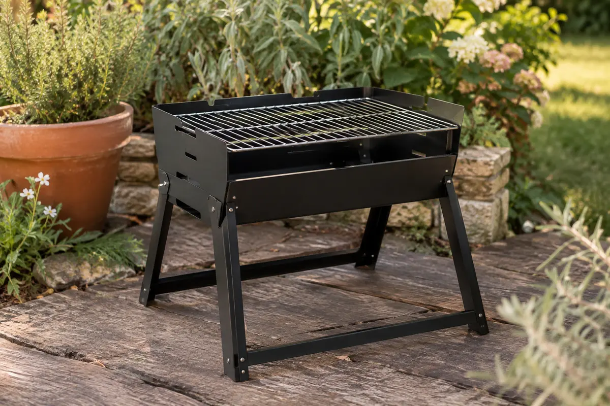 Barbecue portable à charbon Charmline noir déplié sur une surface de jardin, avec sa grille métallique visible.