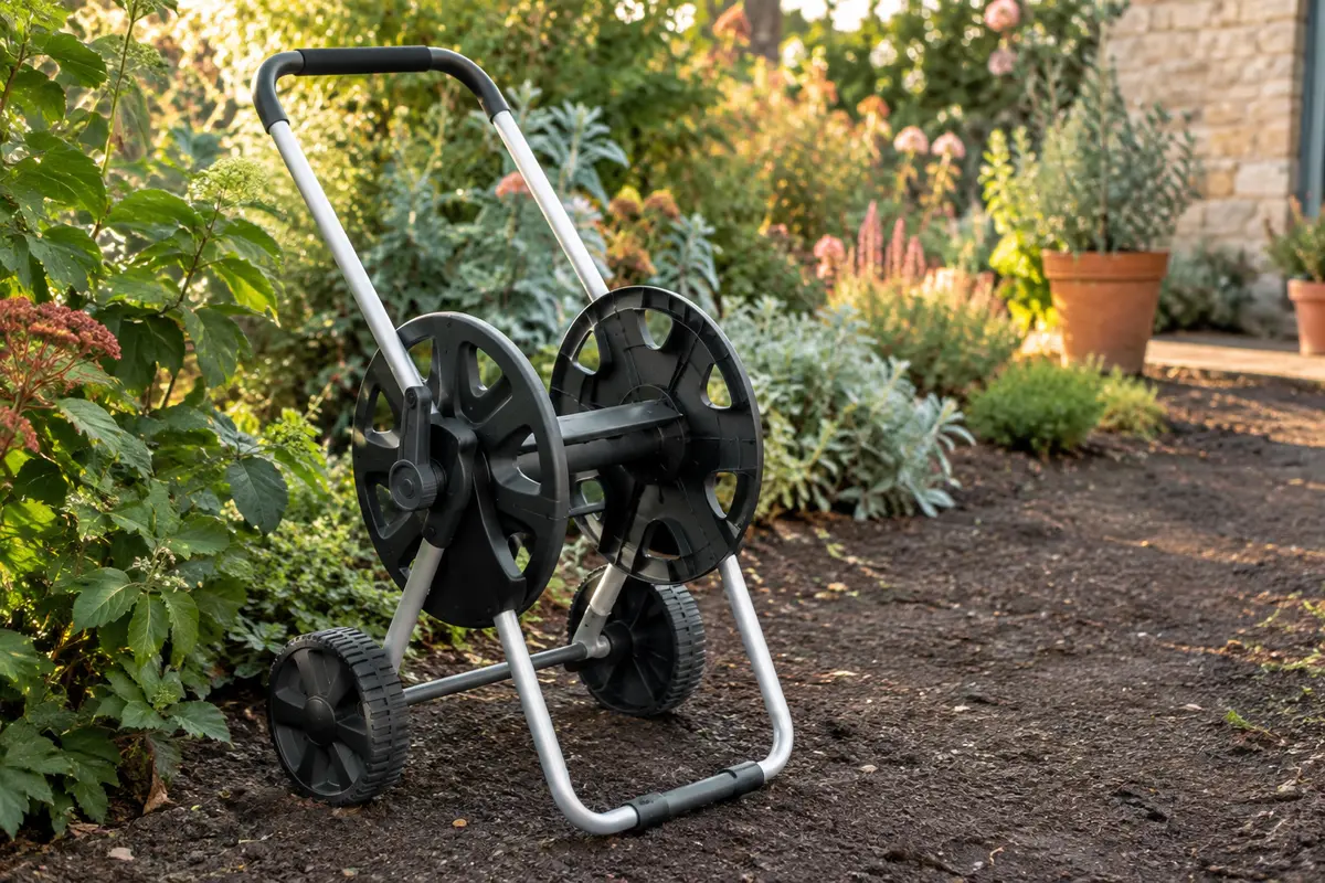 Chariot dévidoir noir Claber Ecosei à cadre en aluminium, posé près d’un massif dans un jardin
