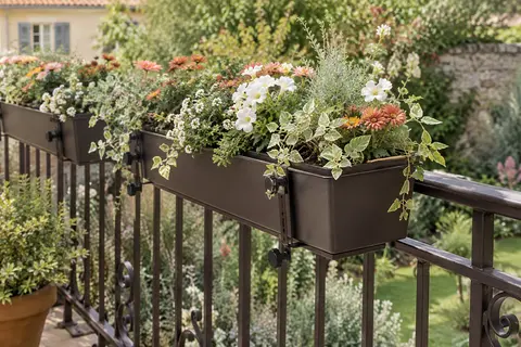 Quatre supports de jardinière métalliques marron foncé installés sur une rambarde de balcon fleurie.