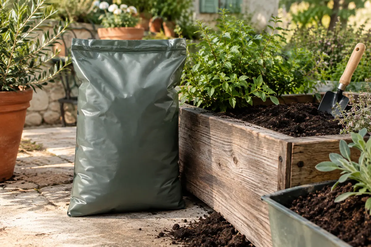 Sac uni de terreau universel près d’une jardinière en bois dans un jardin lumineux.