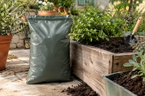 Sac uni de terreau universel près d’une jardinière en bois dans un jardin lumineux.
