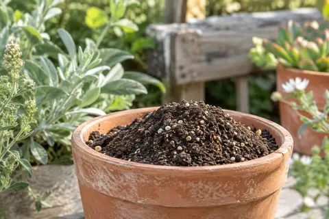 Terreau sombre pour cactus et succulentes, avec des grains clairs dans un pot en terre cuite