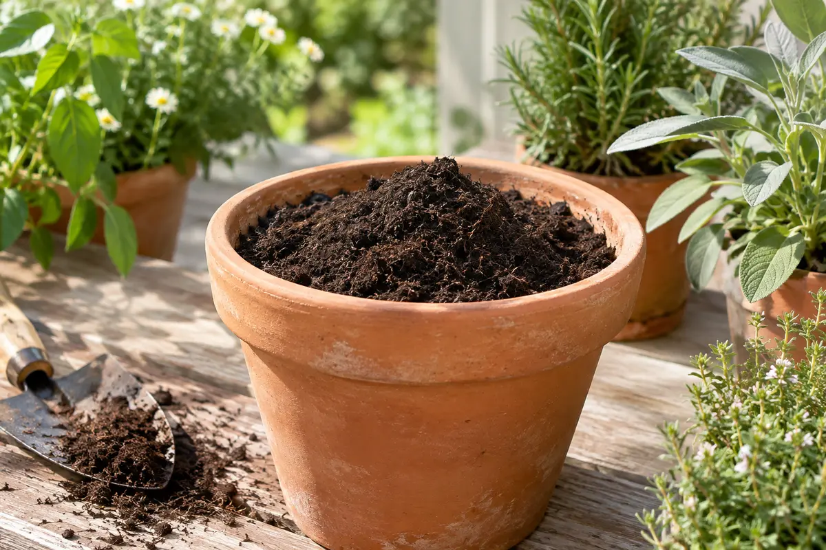 Terreau universel sombre et fibreux dans un pot en terre cuite, au milieu de plantes de jardin.