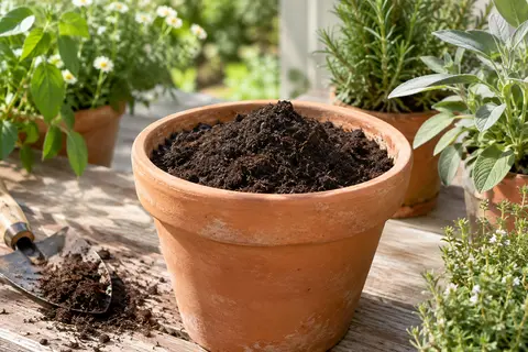 Terreau universel sombre et fibreux dans un pot en terre cuite, au milieu de plantes de jardin.