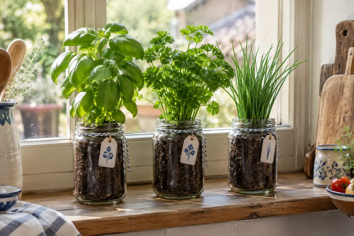 Trois bocaux en verre avec de jeunes plants de basilic, persil et ciboulette sur un rebord de fenêtre