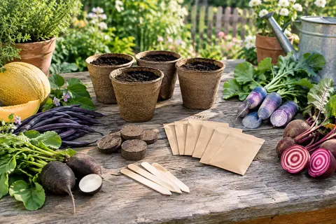 Kit de semis avec cinq pots, des pastilles, des marqueurs et des légumes aux couleurs originales