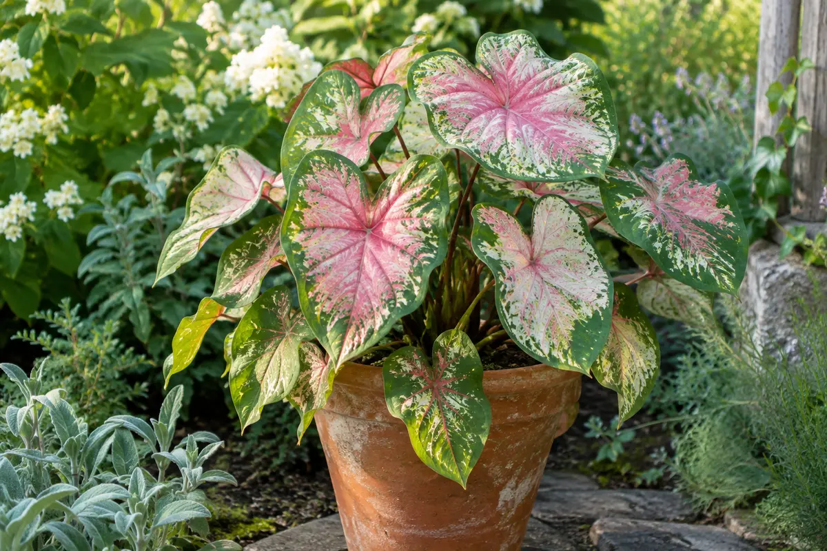 Caladium aux feuilles en cœur roses, blanches et vertes dans un pot en terre cuite au jardin