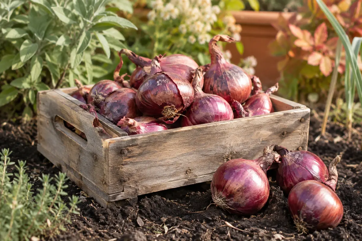 Bulbes d’oignon rouge Red Karmen à repiquer présentés dans une caissette en bois au potager.
